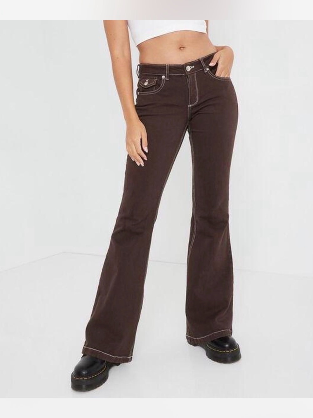 Garage Dark Brown Flare Jeans with Contrast Stitching